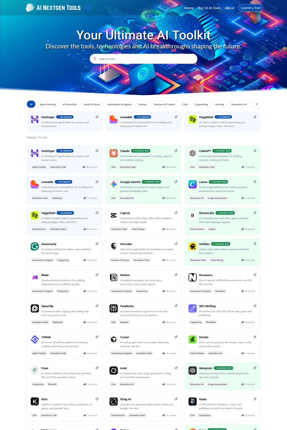 Homepage of the AI Nextgen Tools website