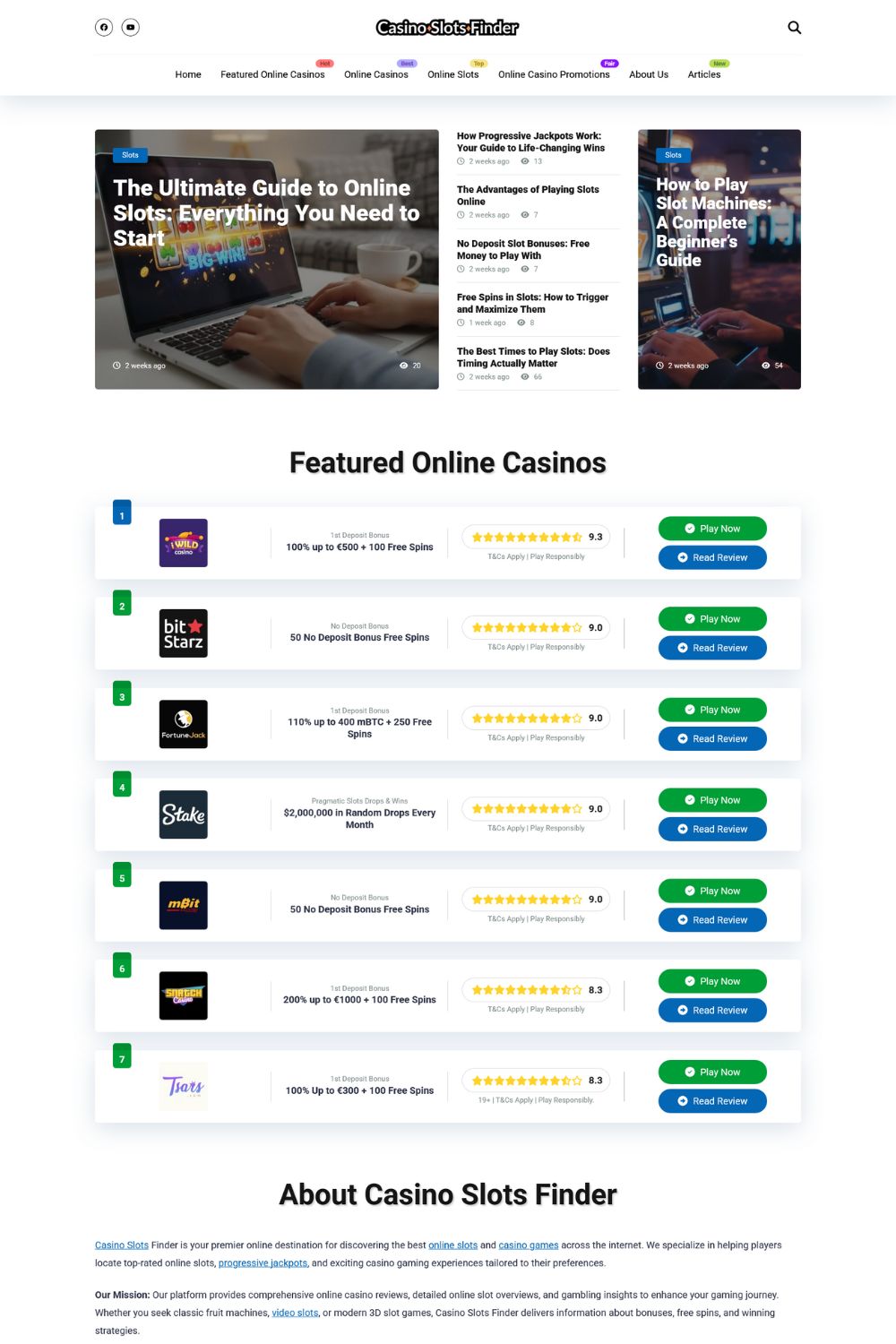 Homepage of the Casino Slots Finder website