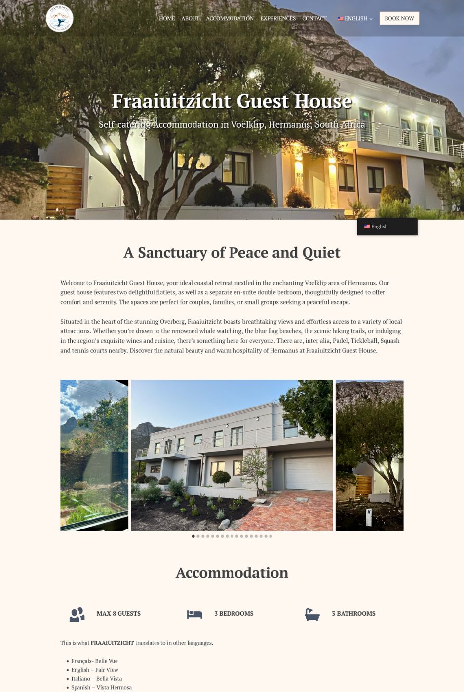 Homepage of the Fraaiuitzicht Guest House website