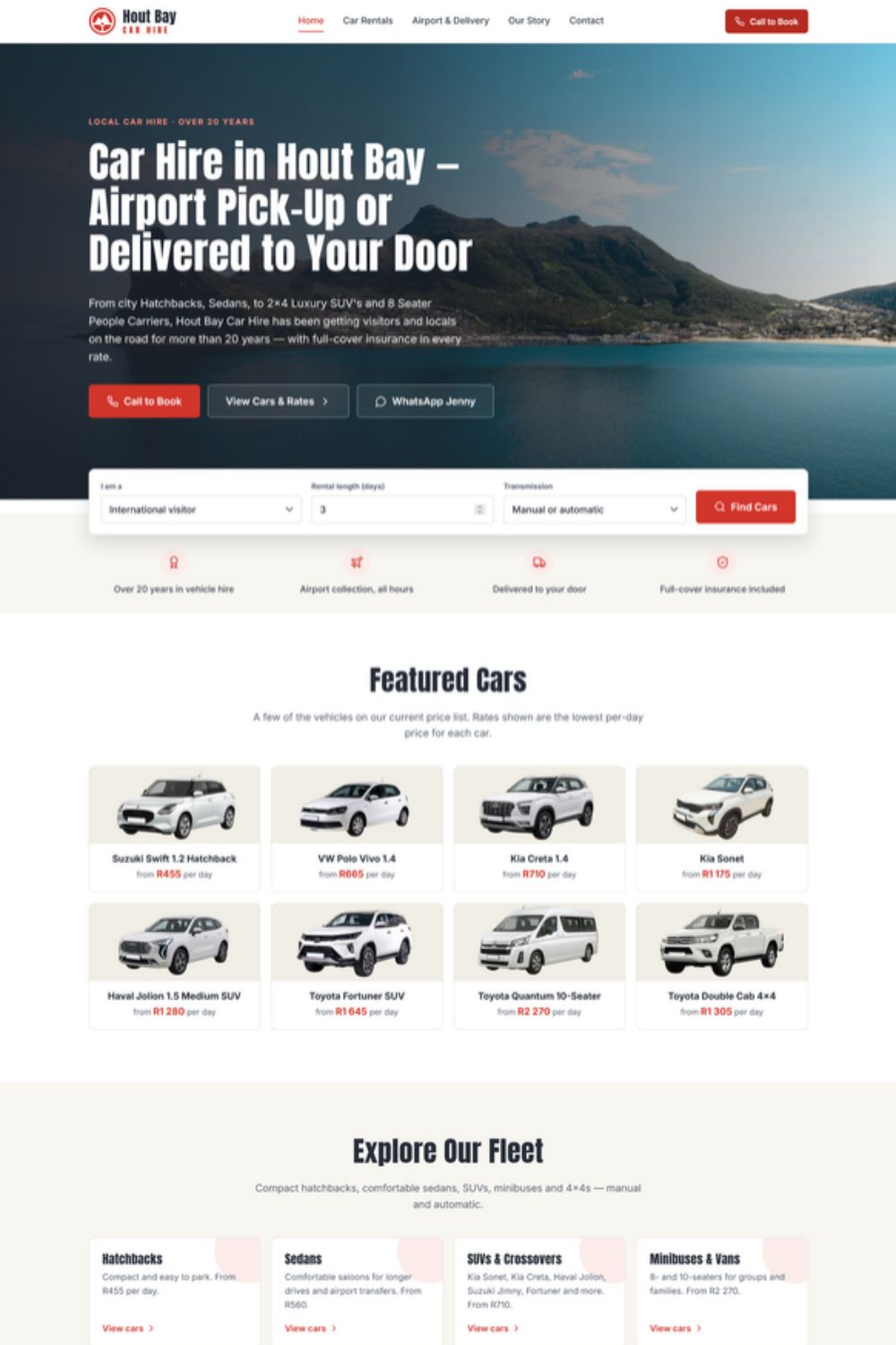 Homepage of the Hout Bay Car Hire website
