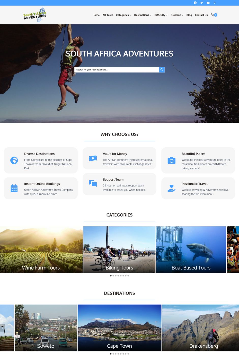 Homepage of the South Africa Adventures website