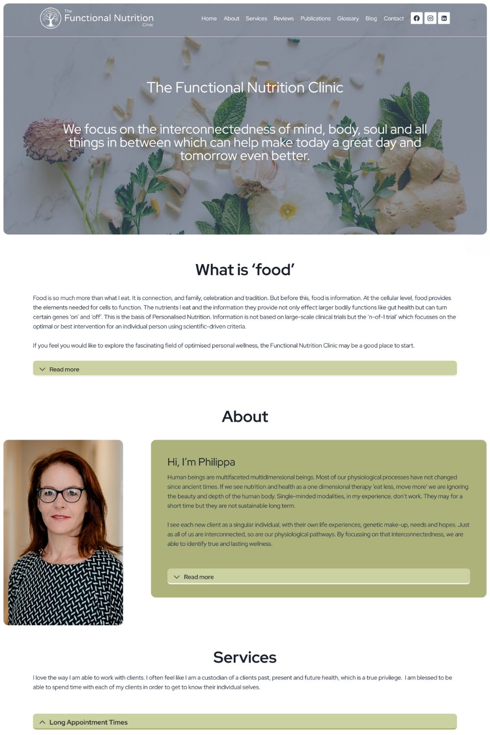 Homepage of the The Functional Nutrition Clinic website