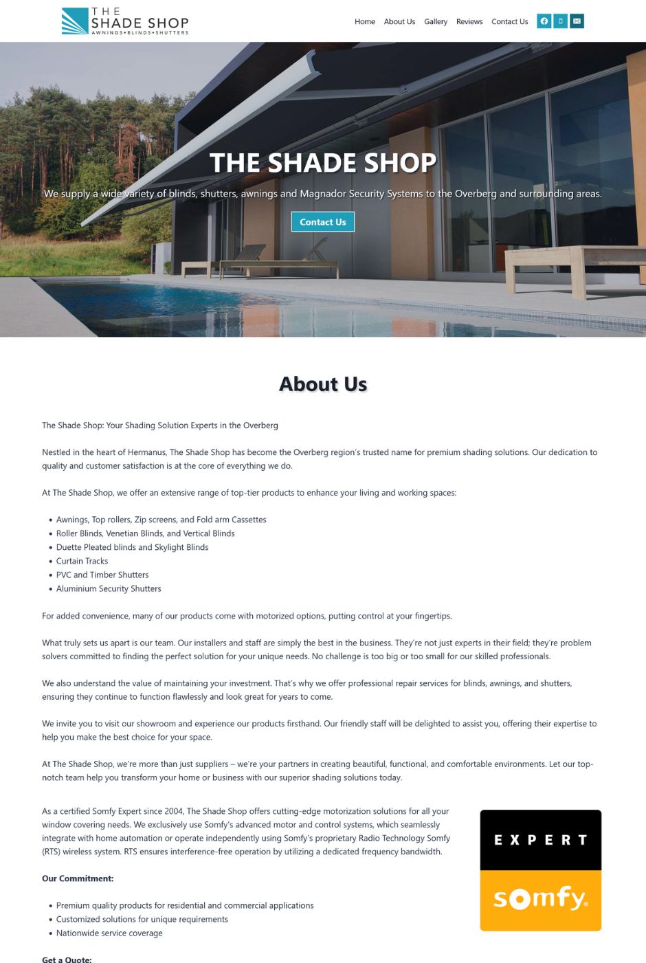 Homepage of the The Shade Shop website
