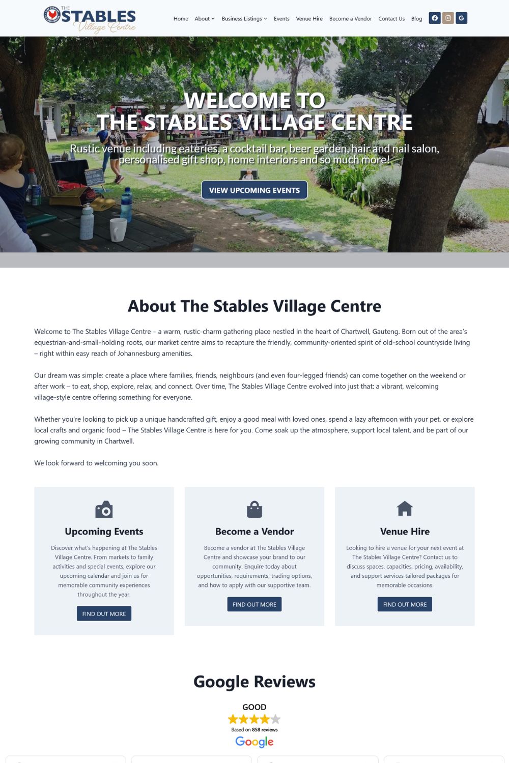 Homepage of the The Stables Village Centre website
